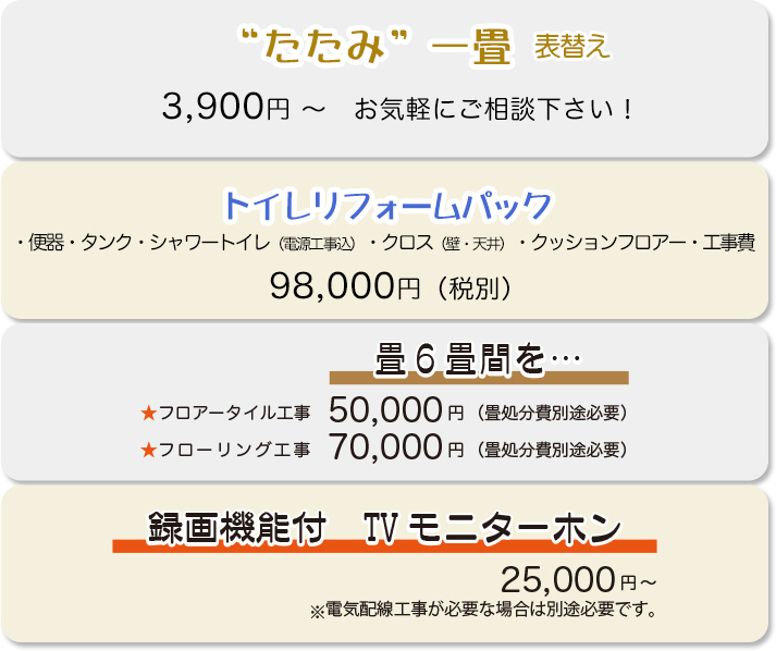 料金の一部 トイレリフォームパック/畳部屋をフローリングやフロアータイル/録画機能付TVモニターホン